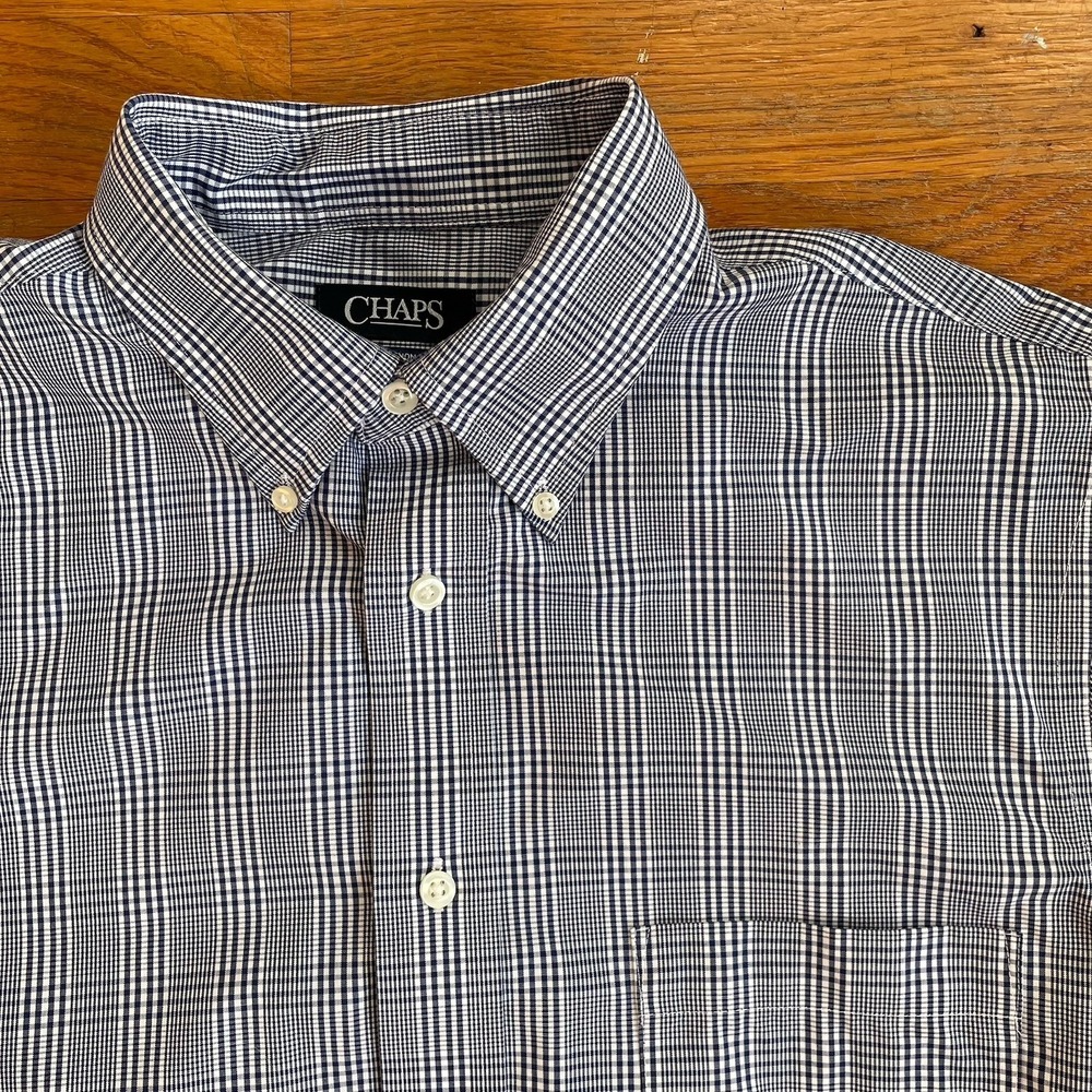 Chaps Mens Button Up Shirt M Blue Check Plaid Regular Fit Ultimate Non Iron